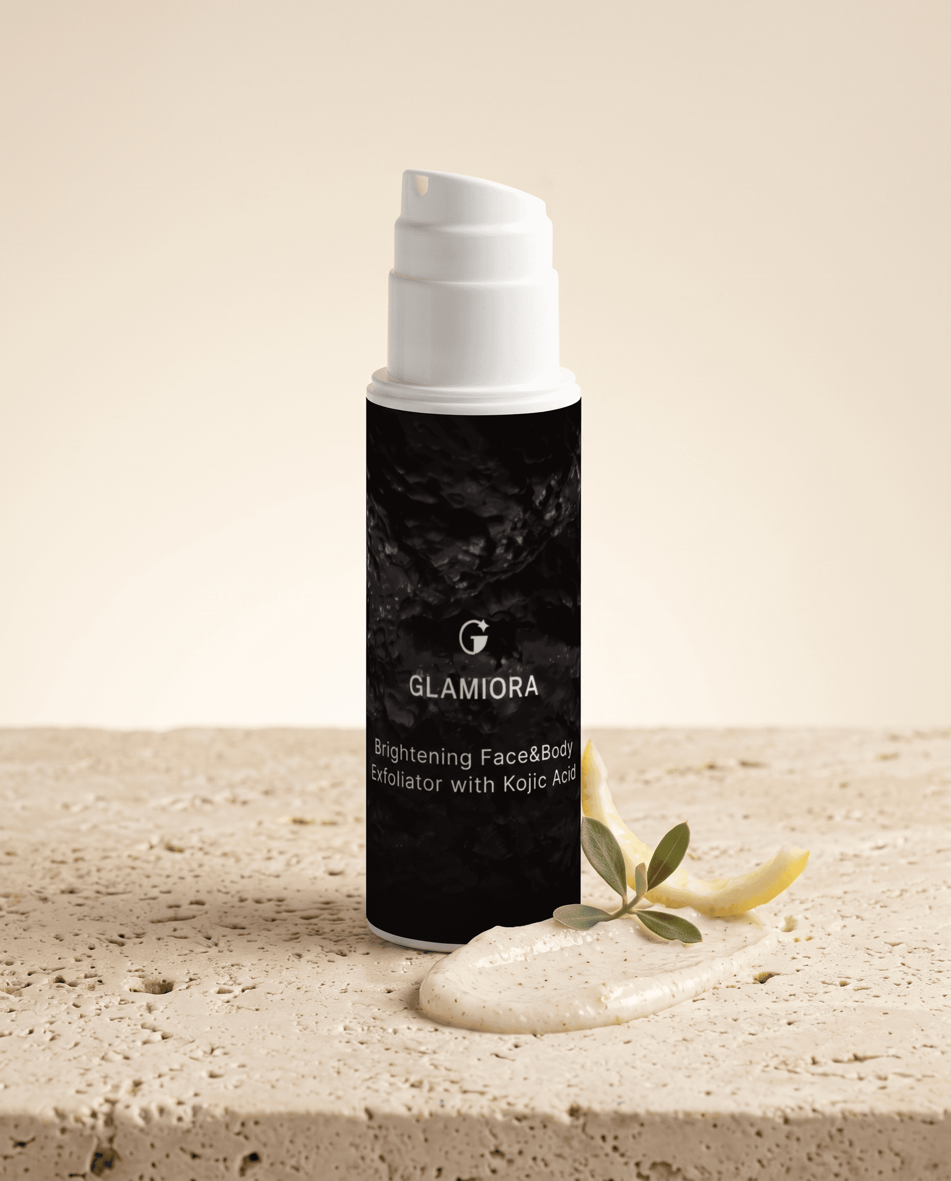 Glamiora Brightening Face and Body Exfoliator with kojic acid on travertine