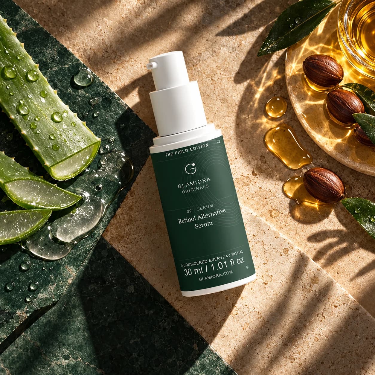 Retinol Alternative Serum — AI-assisted editorial scene 2; illustrative ingredient study; styling props not included