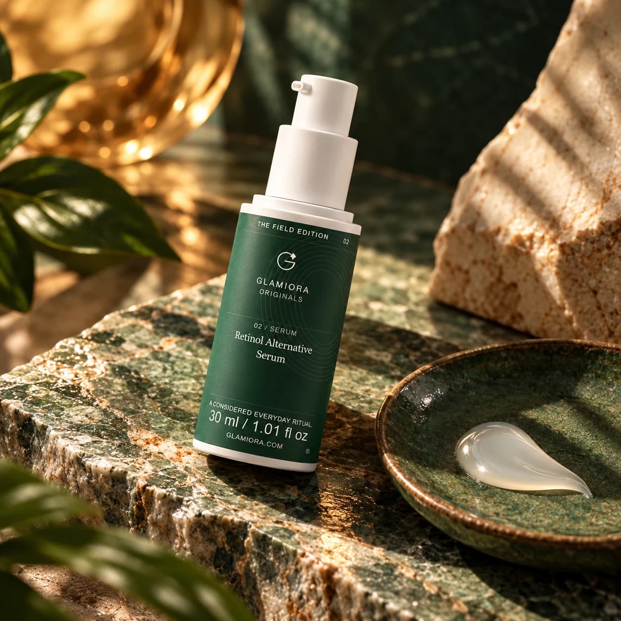 Retinol Alternative Serum — AI-assisted editorial scene 3; illustrative cosmetic texture; styling props not included