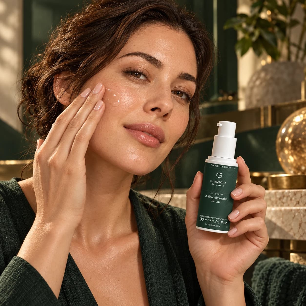 Retinol Alternative Serum — AI-assisted editorial scene 4; illustrative adult model application; styling props not included