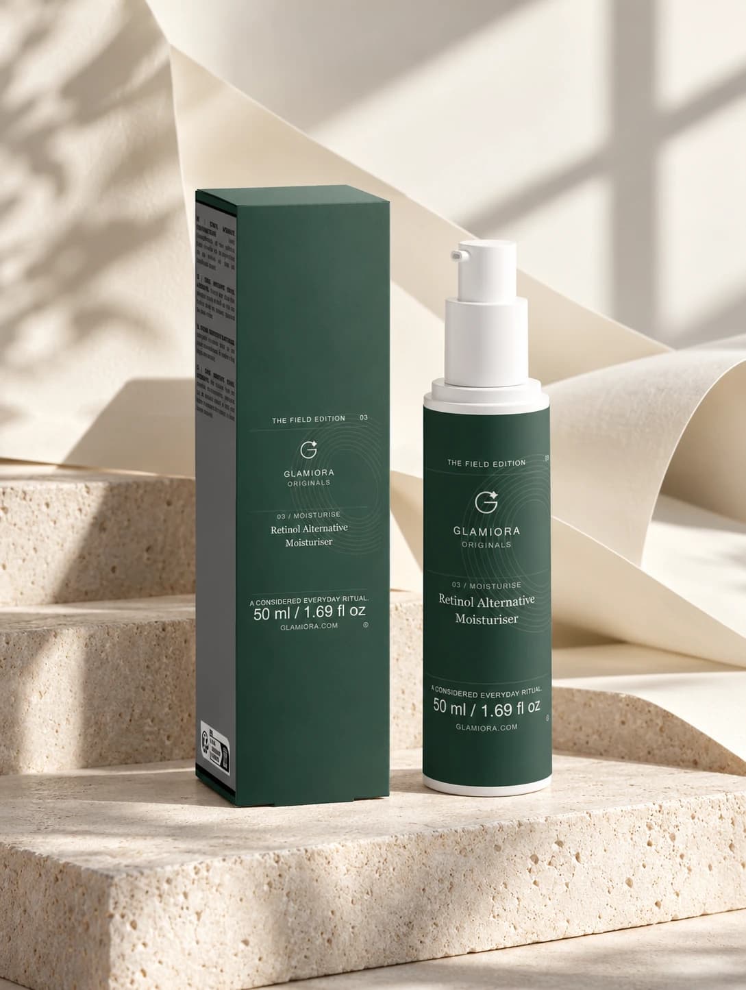 Retinol Alternative Moisturiser — AI-assisted Field Edition editorial scene; see packaging views for label details