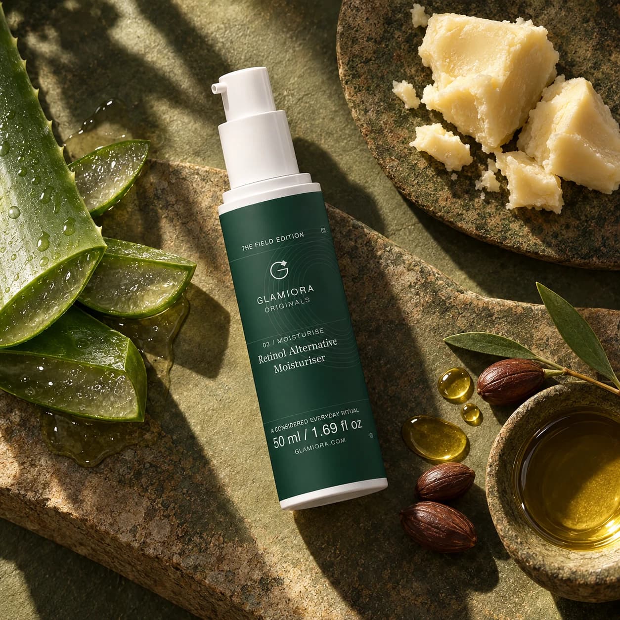 Retinol Alternative Moisturiser — AI-assisted editorial scene 2; illustrative ingredient study; styling props not included