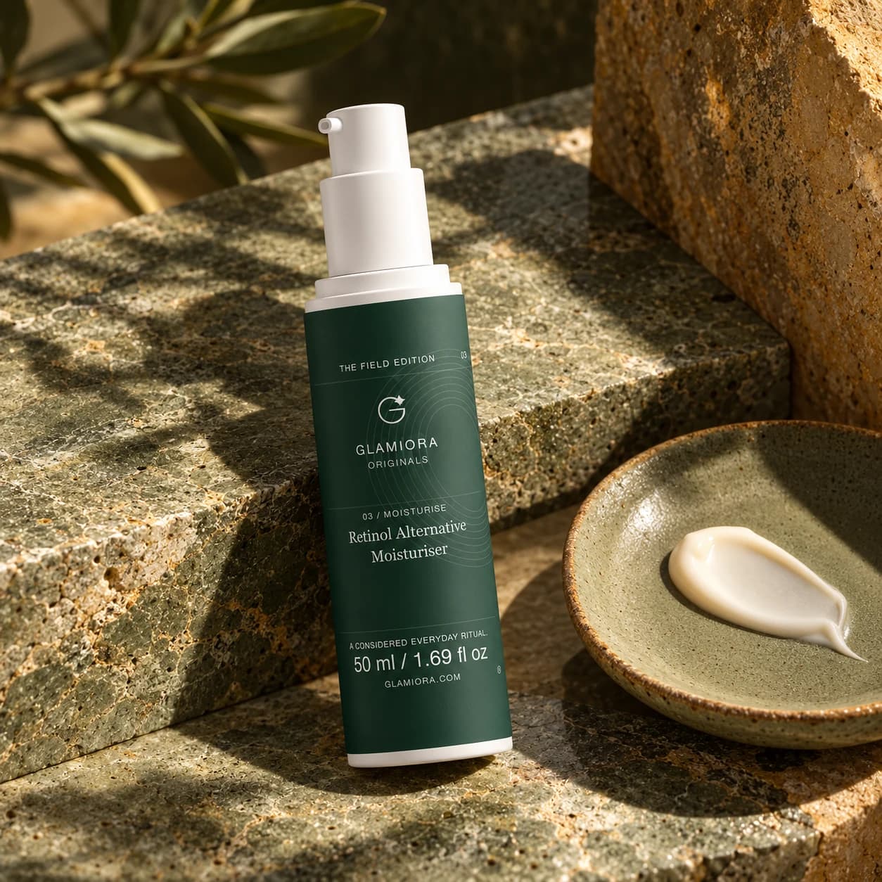 Retinol Alternative Moisturiser — AI-assisted editorial scene 3; illustrative cosmetic texture; styling props not included