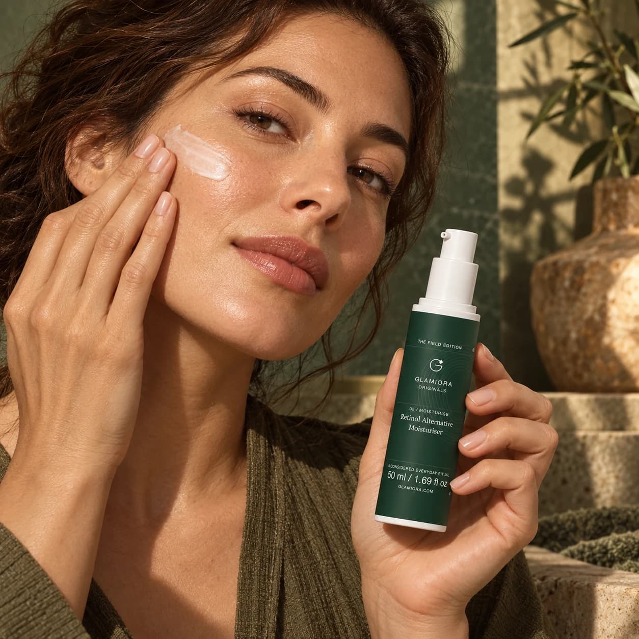 Retinol Alternative Moisturiser — AI-assisted editorial scene 4; illustrative adult model application; styling props not included