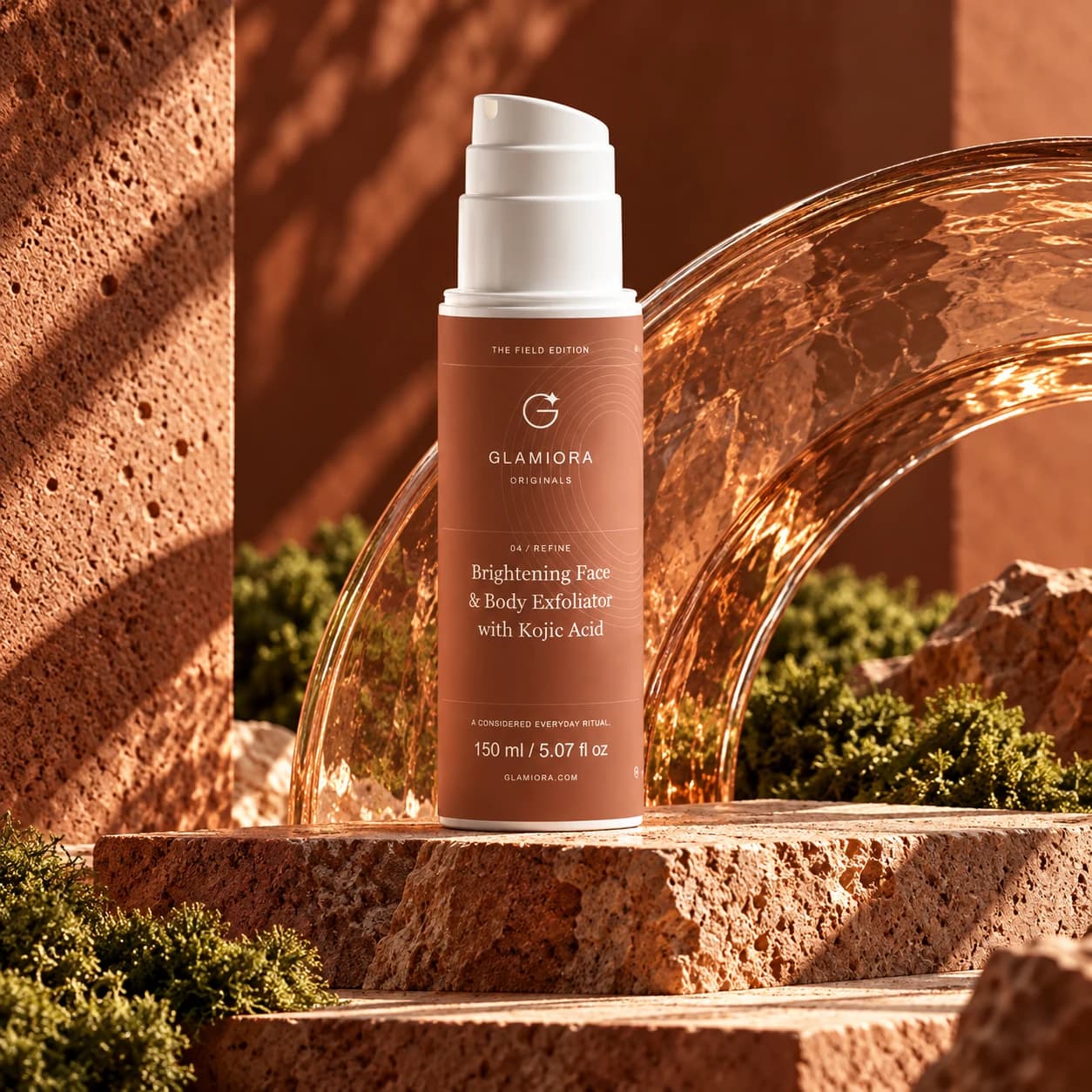 Brightening Face & Body Exfoliator with Kojic Acid — AI-assisted editorial scene 1; illustrative product presentation; styling props not included