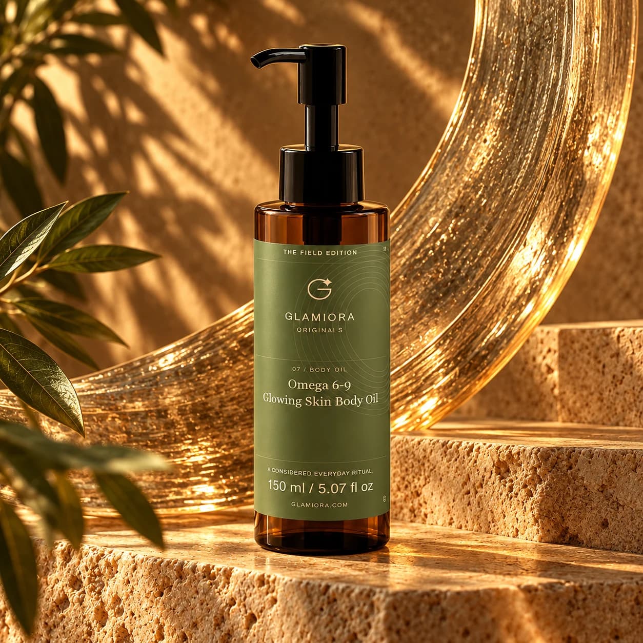 Omega 6-9 Glowing Skin Body Oil — AI-assisted editorial scene 1; illustrative product presentation; styling props not included