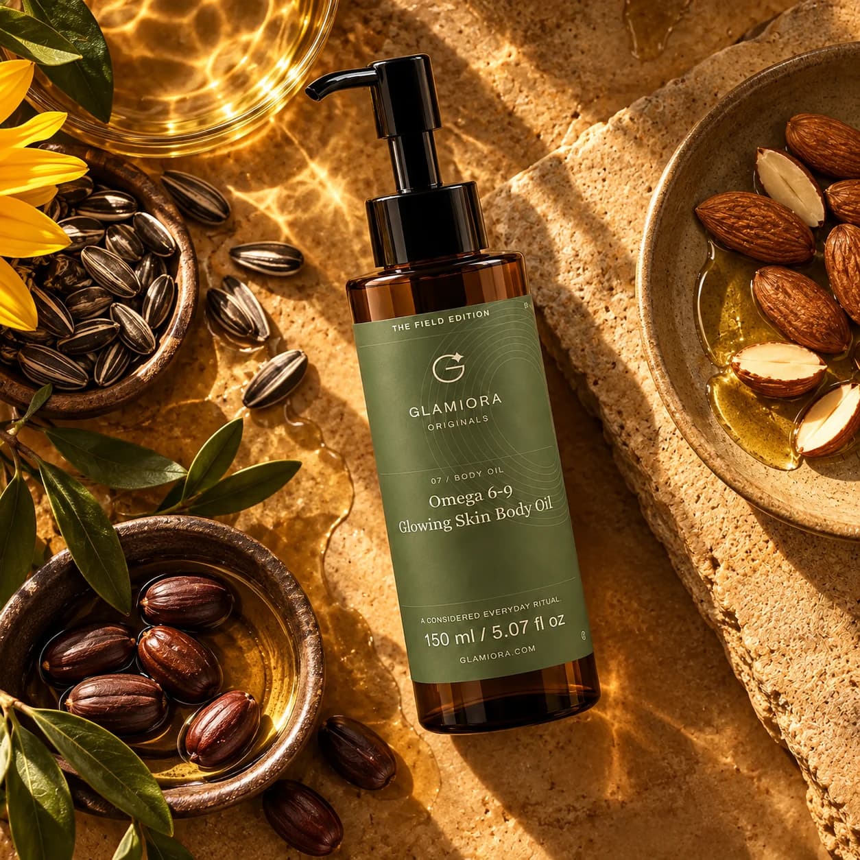 Omega 6-9 Glowing Skin Body Oil — AI-assisted editorial scene 2; illustrative ingredient study; styling props not included