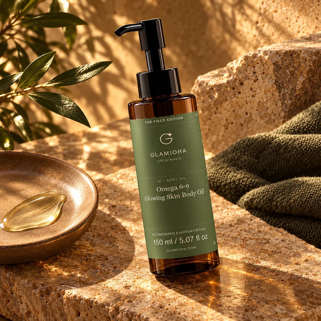 Omega 6-9 Glowing Skin Body Oil — AI-assisted editorial scene 3; illustrative cosmetic texture; styling props not included