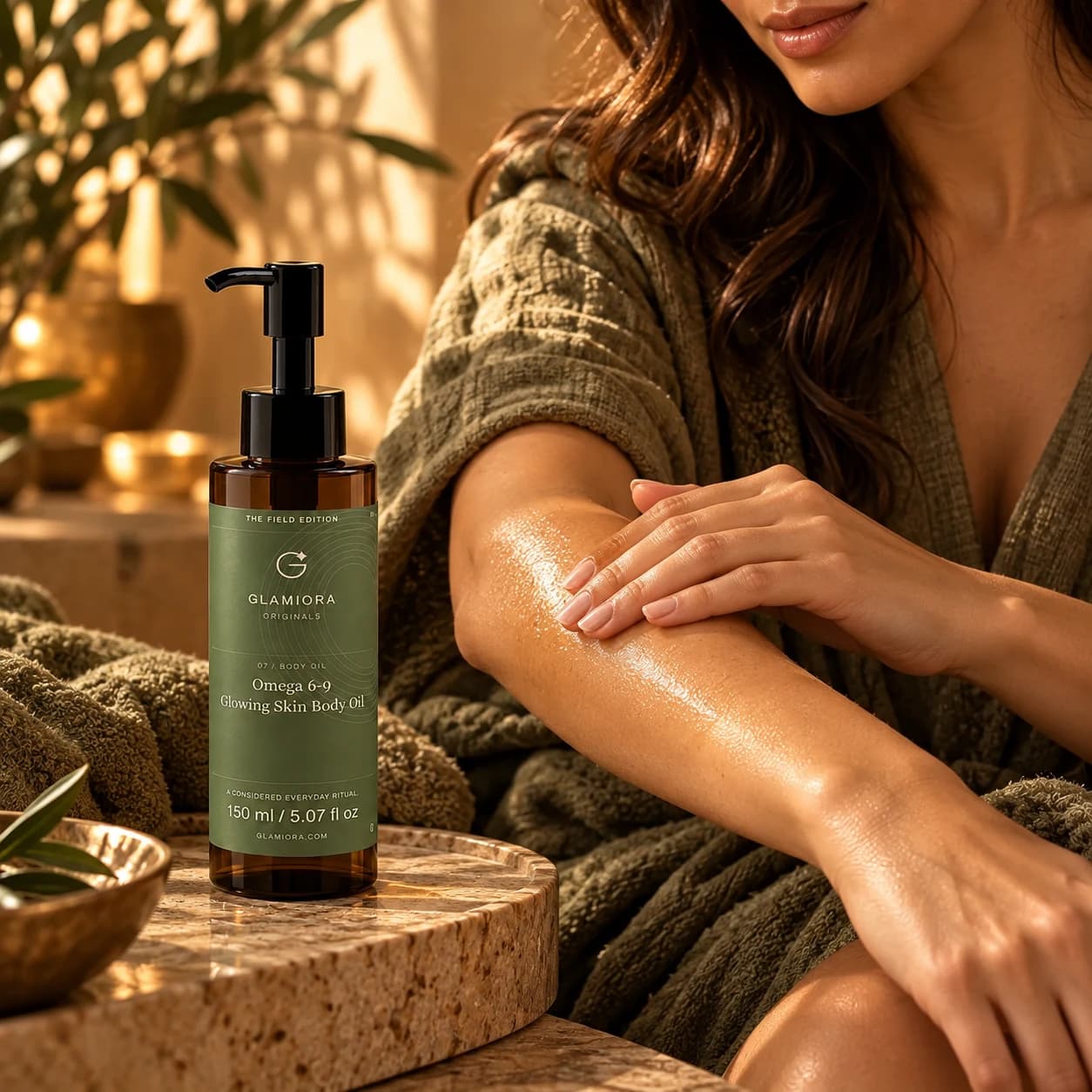 Omega 6-9 Glowing Skin Body Oil — AI-assisted editorial scene 4; illustrative adult model application; styling props not included