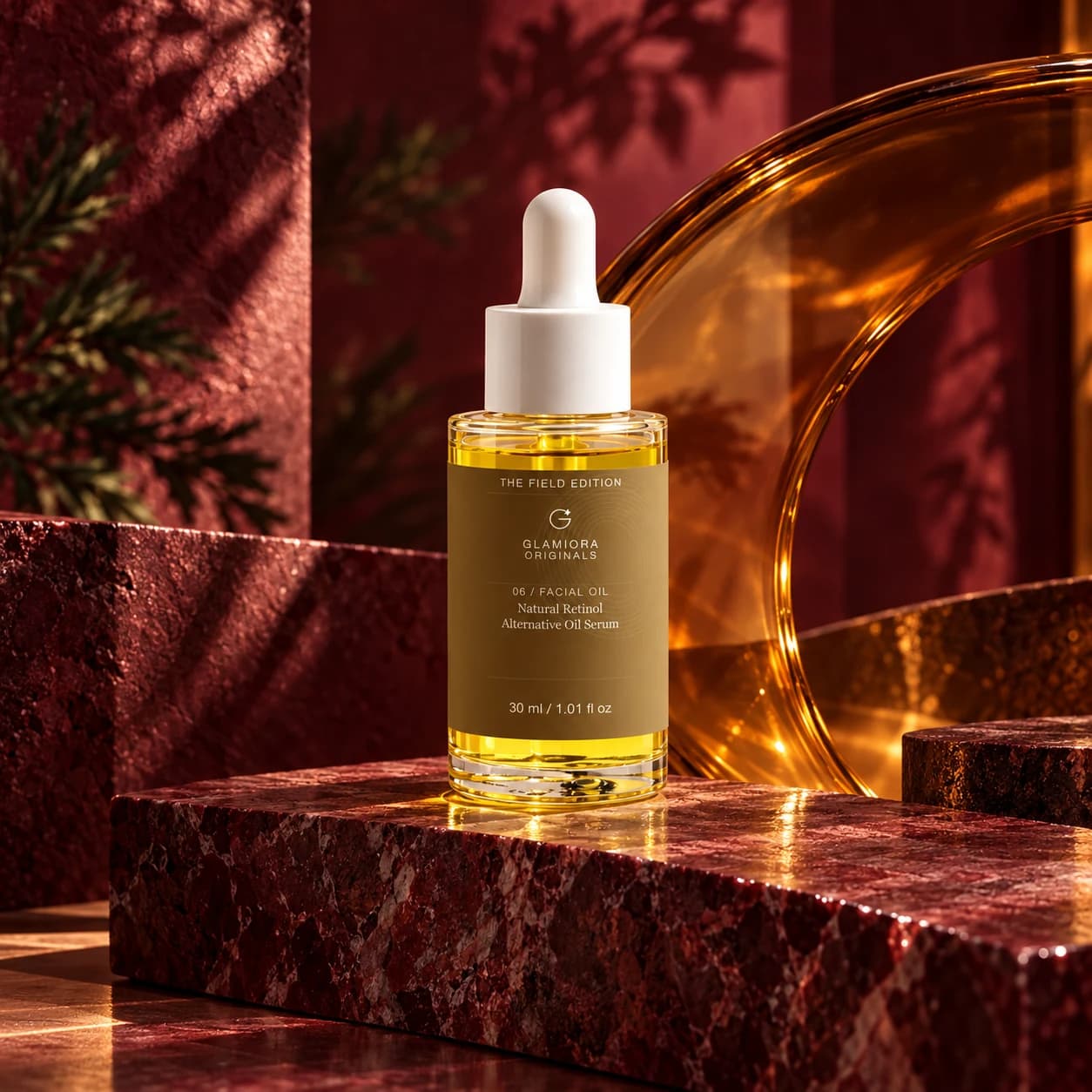 Natural Retinol Alternative Oil Serum — AI-assisted editorial scene 1; illustrative product presentation; styling props not included