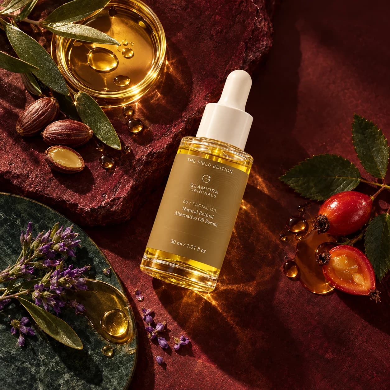 Natural Retinol Alternative Oil Serum — AI-assisted editorial scene 2; illustrative ingredient study; styling props not included