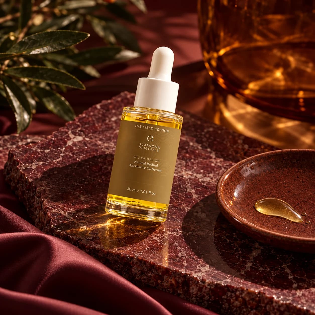 Natural Retinol Alternative Oil Serum — AI-assisted editorial scene 3; illustrative cosmetic texture; styling props not included
