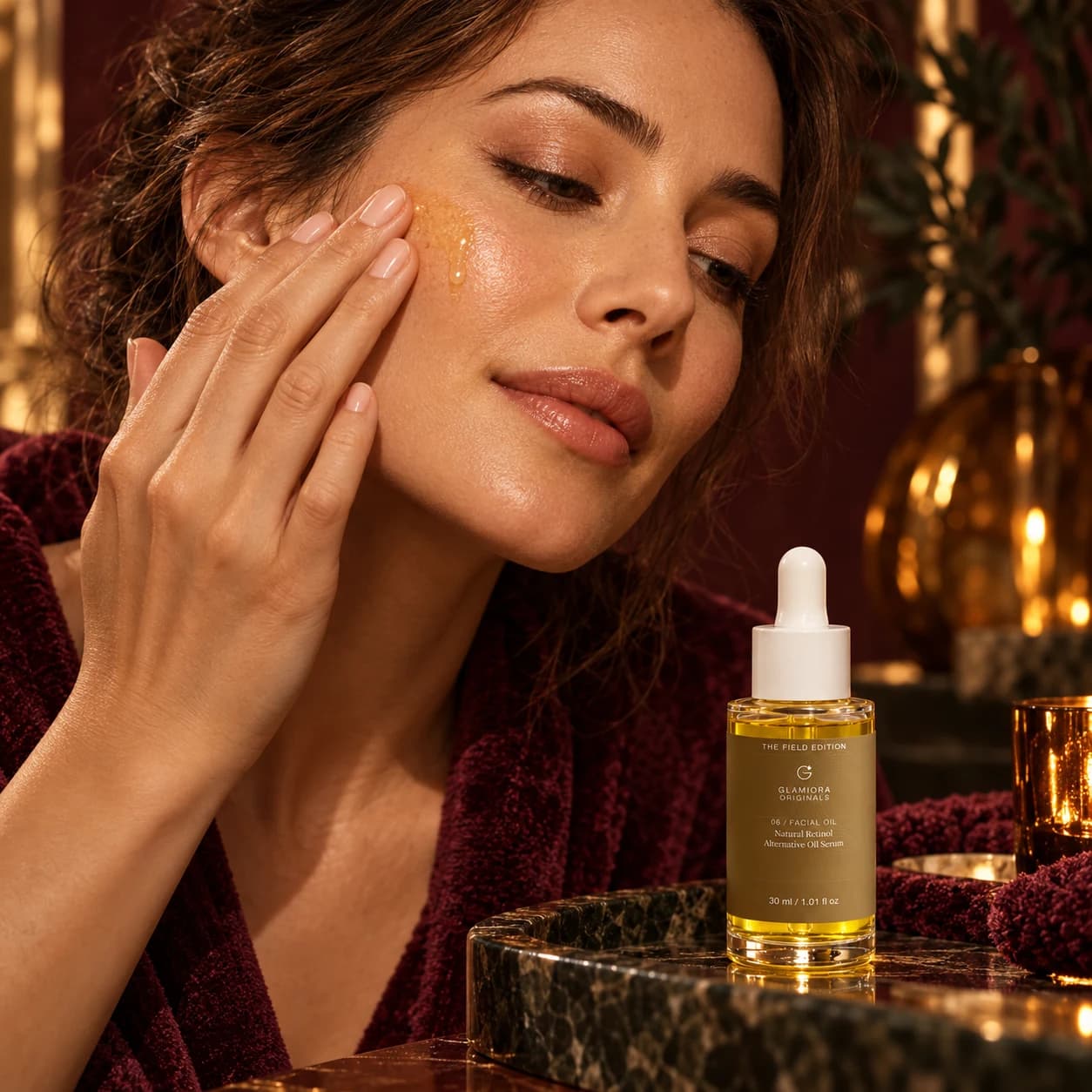 Natural Retinol Alternative Oil Serum — AI-assisted editorial scene 4; illustrative adult model application; styling props not included