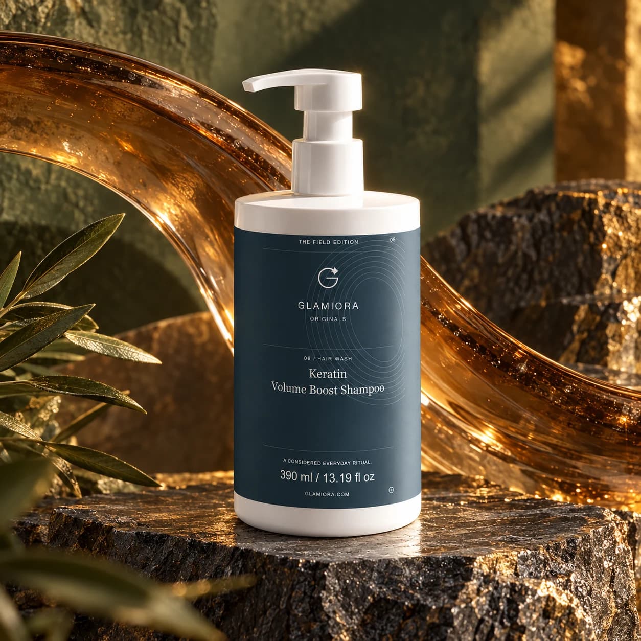 Keratin Volume Boost Shampoo — AI-assisted editorial scene 1; illustrative product presentation; styling props not included