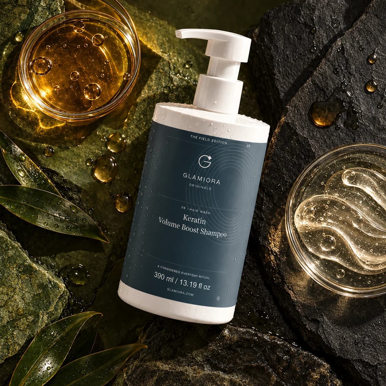 Keratin Volume Boost Shampoo — AI-assisted editorial scene 2; illustrative ingredient study; styling props not included