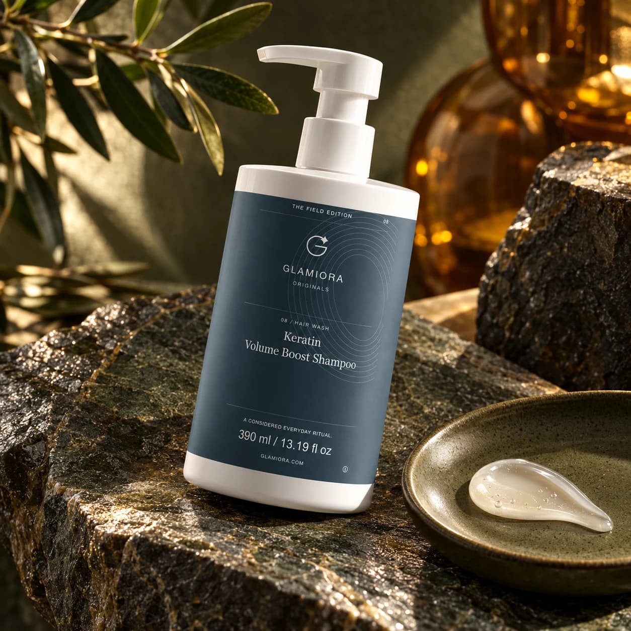 Keratin Volume Boost Shampoo — AI-assisted editorial scene 3; illustrative cosmetic texture; styling props not included