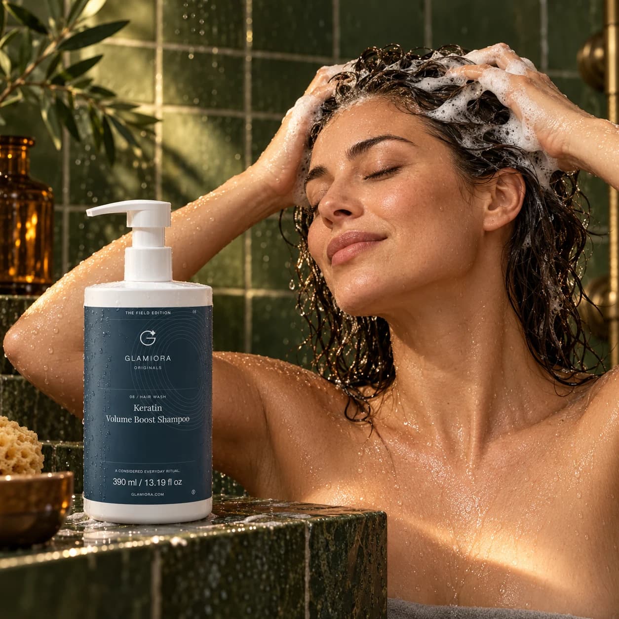Keratin Volume Boost Shampoo — AI-assisted editorial scene 4; illustrative adult model application; styling props not included