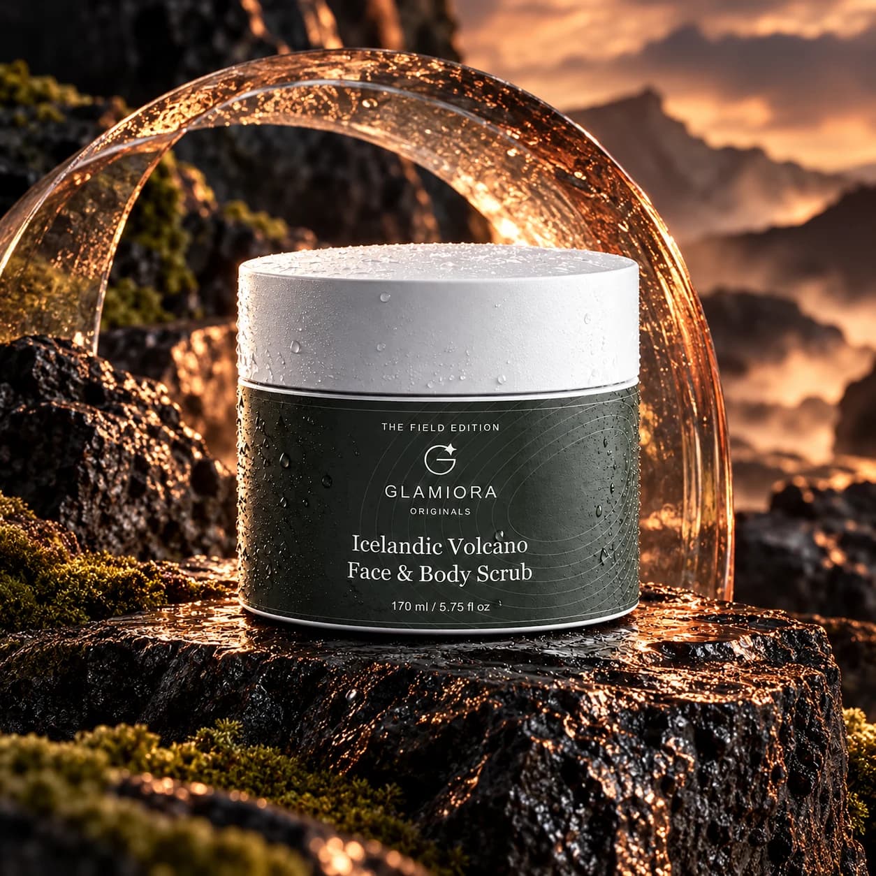 Icelandic Volcano Face & Body Scrub — AI-assisted editorial scene 1; illustrative product presentation; styling props not included