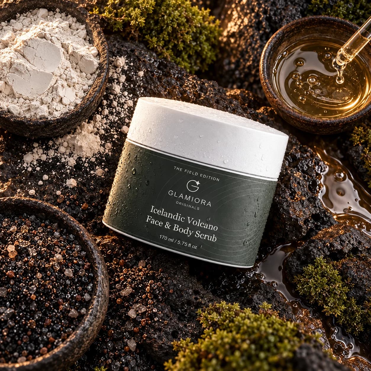 Icelandic Volcano Face & Body Scrub — AI-assisted editorial scene 2; illustrative ingredient study; styling props not included