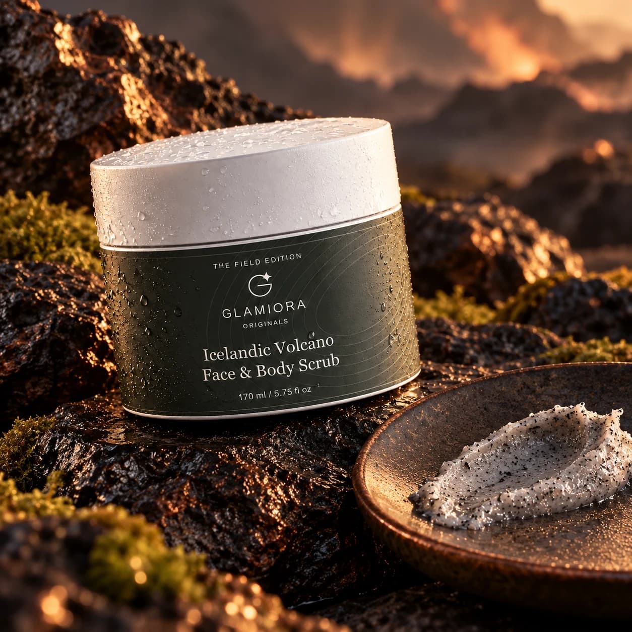 Icelandic Volcano Face & Body Scrub — AI-assisted editorial scene 3; illustrative cosmetic texture; styling props not included