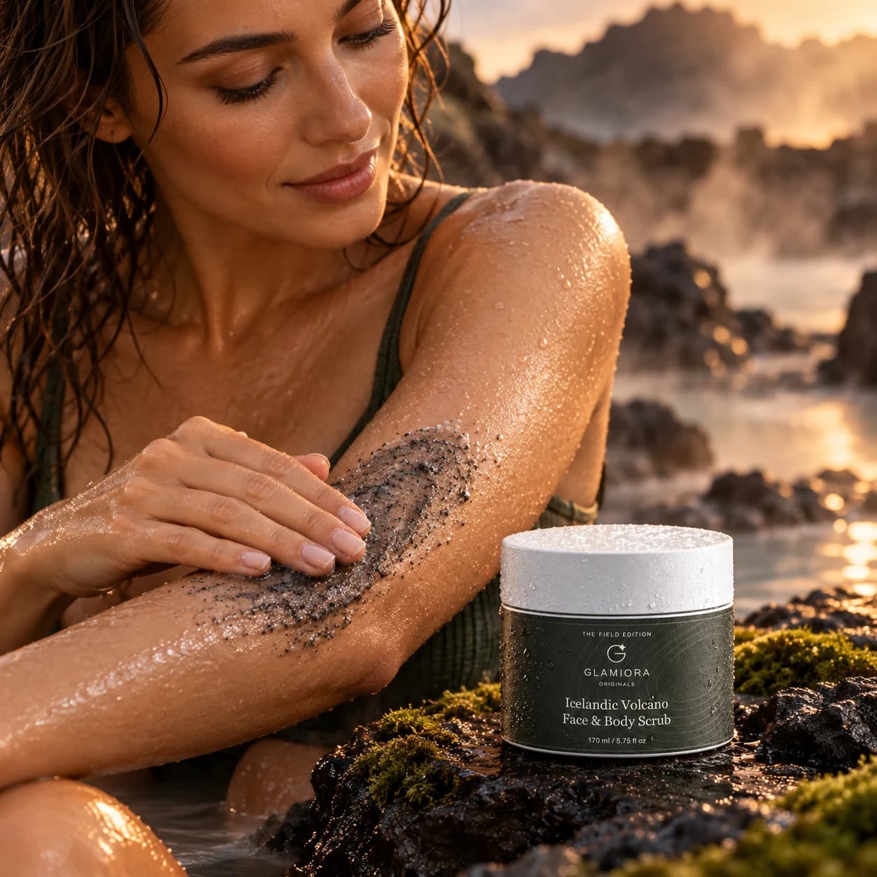 Icelandic Volcano Face & Body Scrub — AI-assisted editorial scene 4; illustrative adult model application; styling props not included