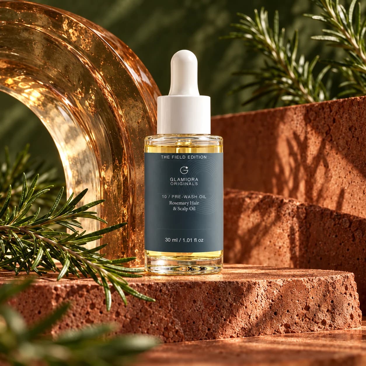 Rosemary Hair & Scalp Strengthening Oil — AI-assisted editorial scene 1; illustrative product presentation; styling props not included