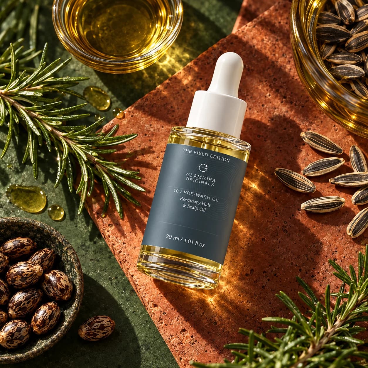 Rosemary Hair & Scalp Strengthening Oil — AI-assisted editorial scene 2; illustrative ingredient study; styling props not included