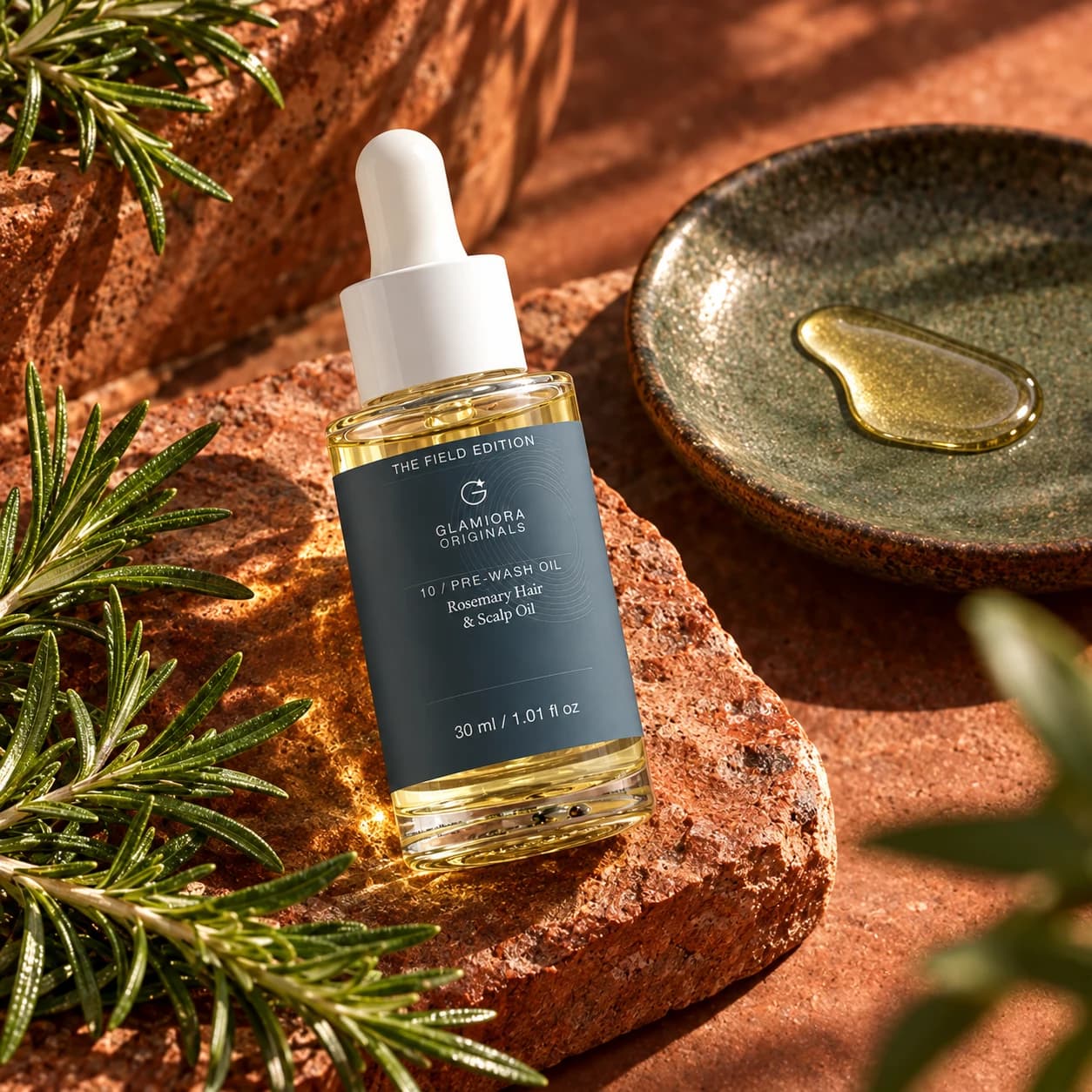 Rosemary Hair & Scalp Strengthening Oil — AI-assisted editorial scene 3; illustrative cosmetic texture; styling props not included