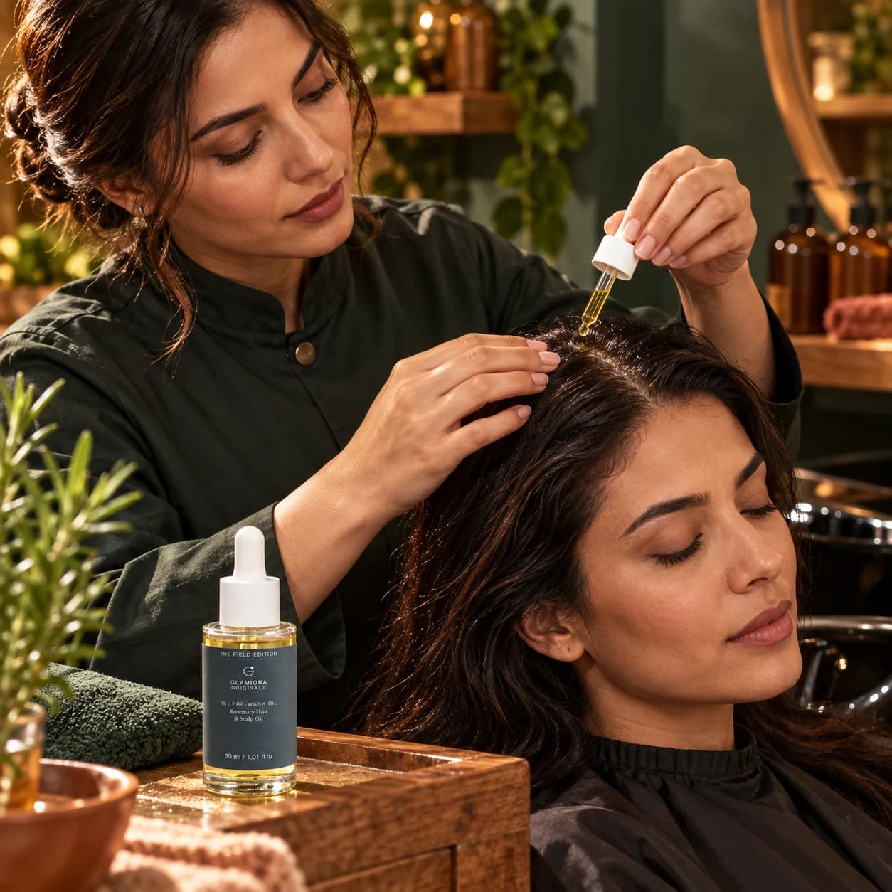 Rosemary Hair & Scalp Strengthening Oil — AI-assisted editorial scene 4; illustrative adult model application; styling props not included