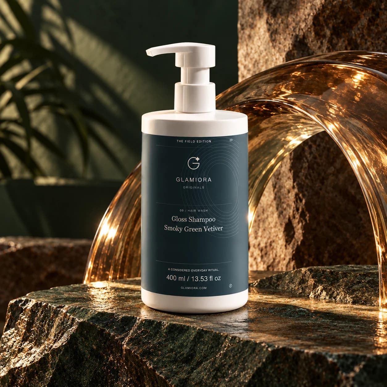 Gloss Shampoo, Smoky Green Vetiver — AI-assisted editorial scene 1; illustrative product presentation; styling props not included