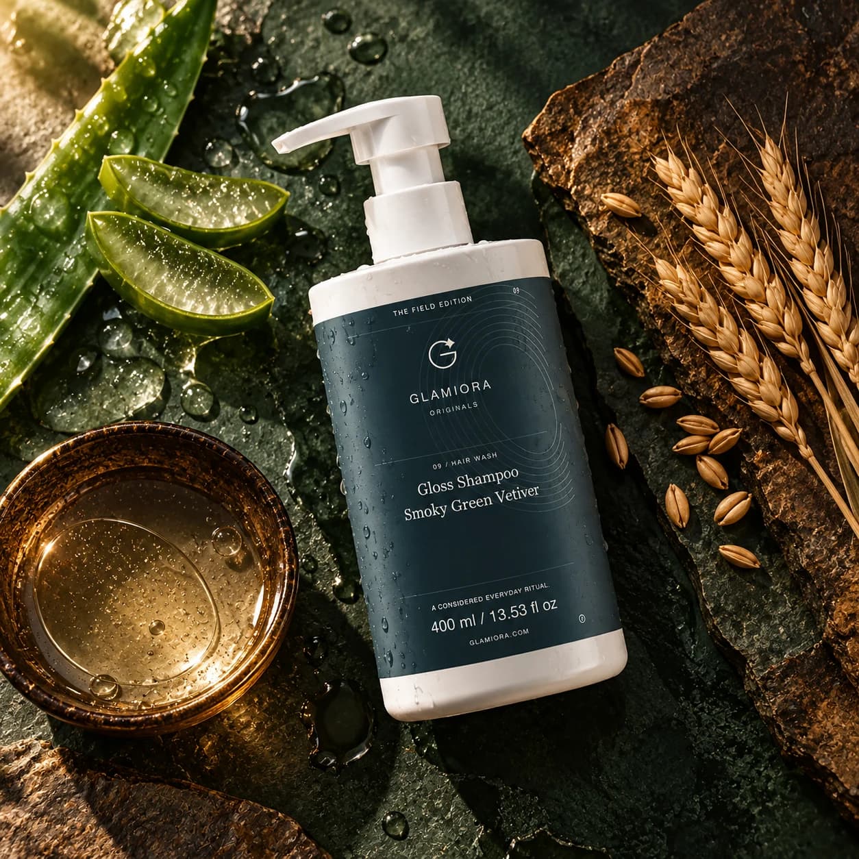 Gloss Shampoo, Smoky Green Vetiver — AI-assisted editorial scene 2; illustrative ingredient study; styling props not included
