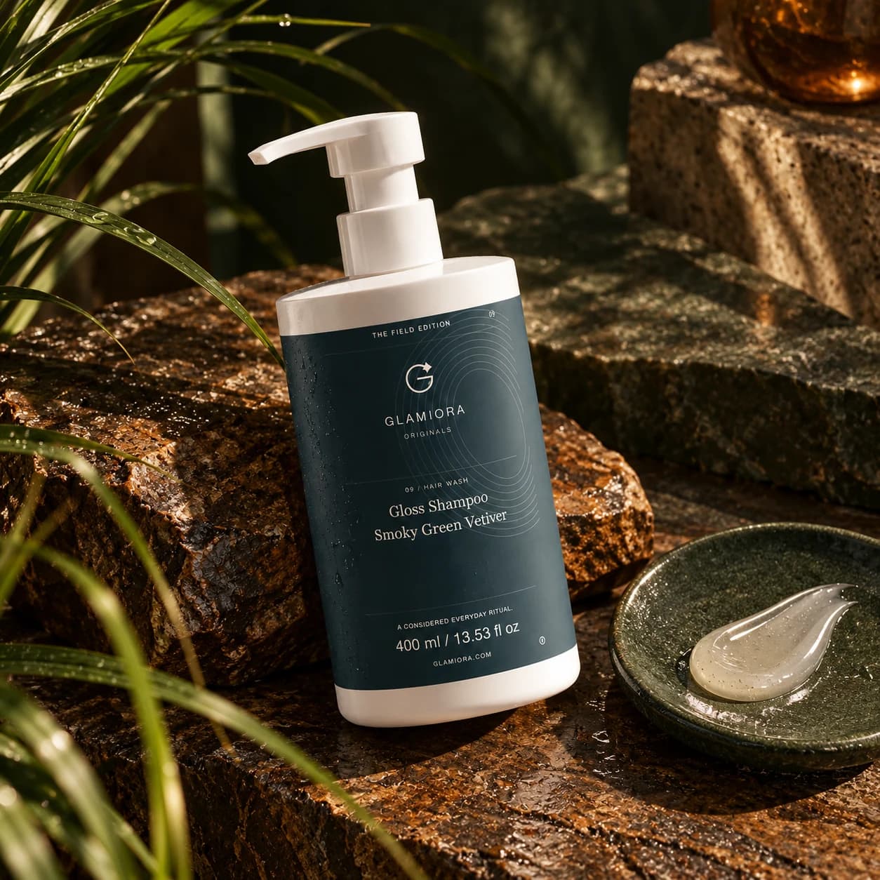 Gloss Shampoo, Smoky Green Vetiver — AI-assisted editorial scene 3; illustrative cosmetic texture; styling props not included