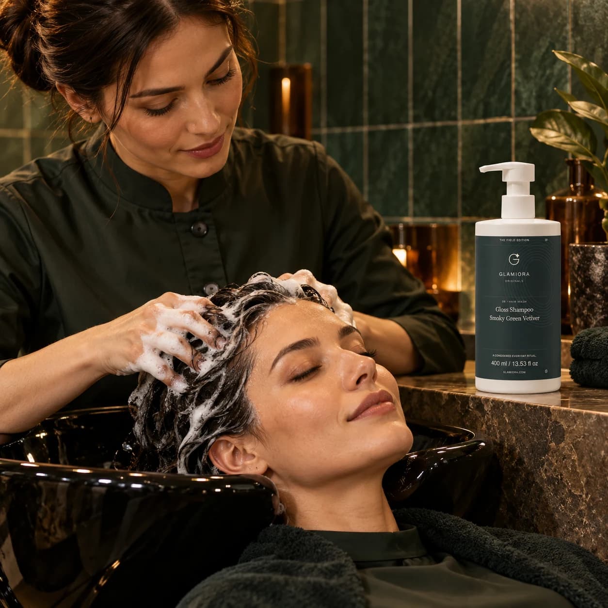 Gloss Shampoo, Smoky Green Vetiver — AI-assisted editorial scene 4; illustrative adult model application; styling props not included