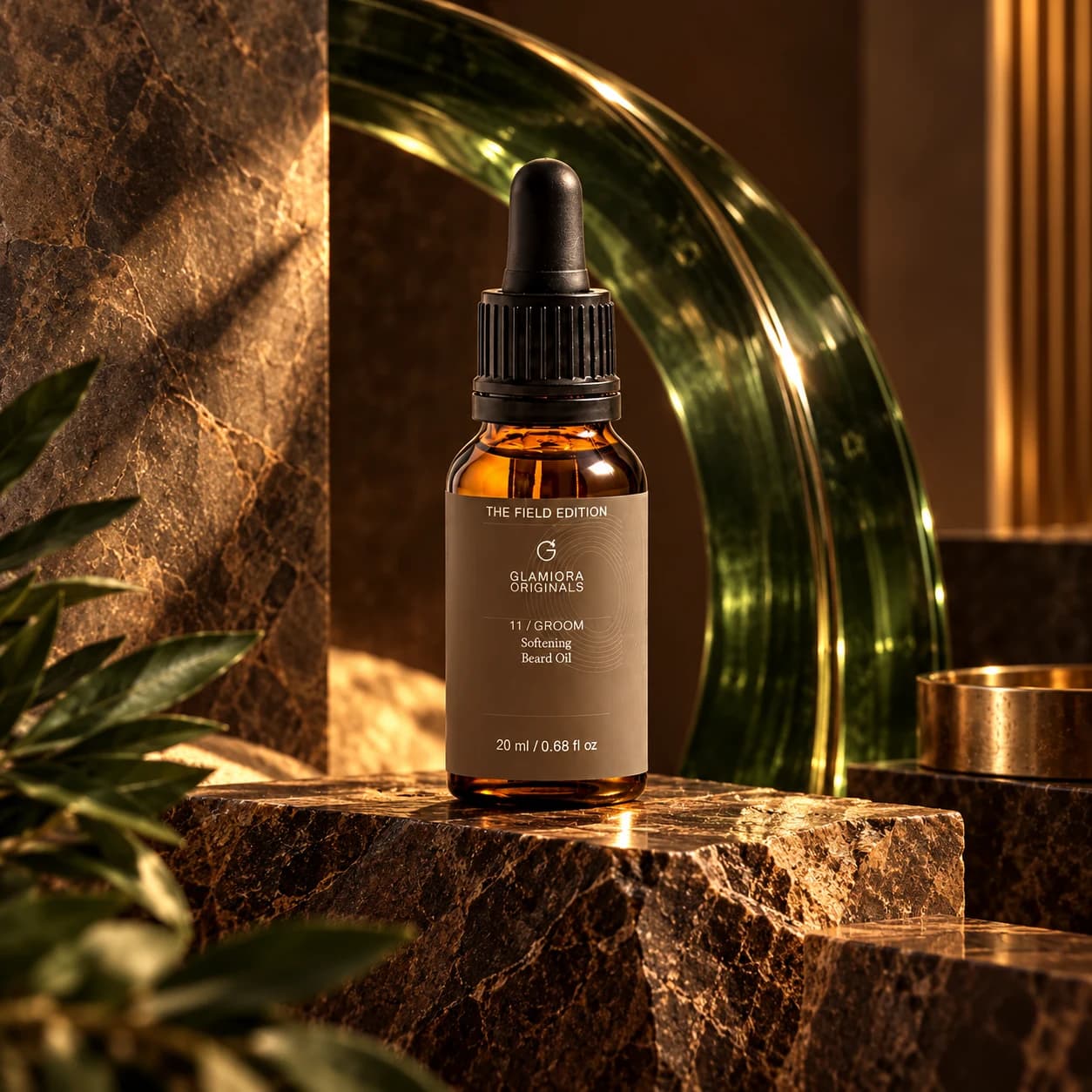 Softening Beard Oil — AI-assisted editorial scene 1; illustrative product presentation; styling props not included