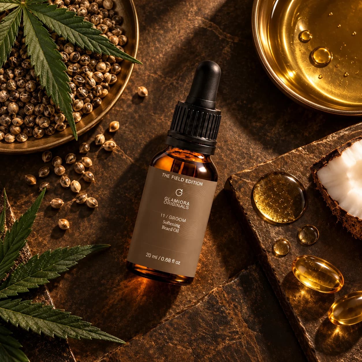 Softening Beard Oil — AI-assisted editorial scene 2; illustrative ingredient study; styling props not included
