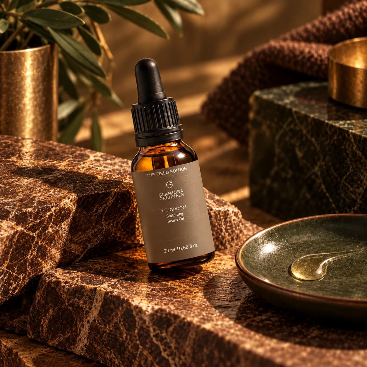 Softening Beard Oil — AI-assisted editorial scene 3; illustrative cosmetic texture; styling props not included