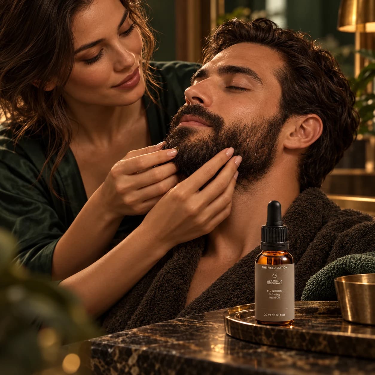 Softening Beard Oil — AI-assisted editorial scene 4; illustrative adult model application; styling props not included
