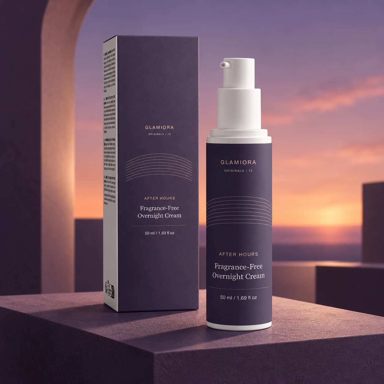 After Hours — Fragrance-Free Overnight Cream — AI-assisted Ritual Edition editorial scene; see packaging views for label details