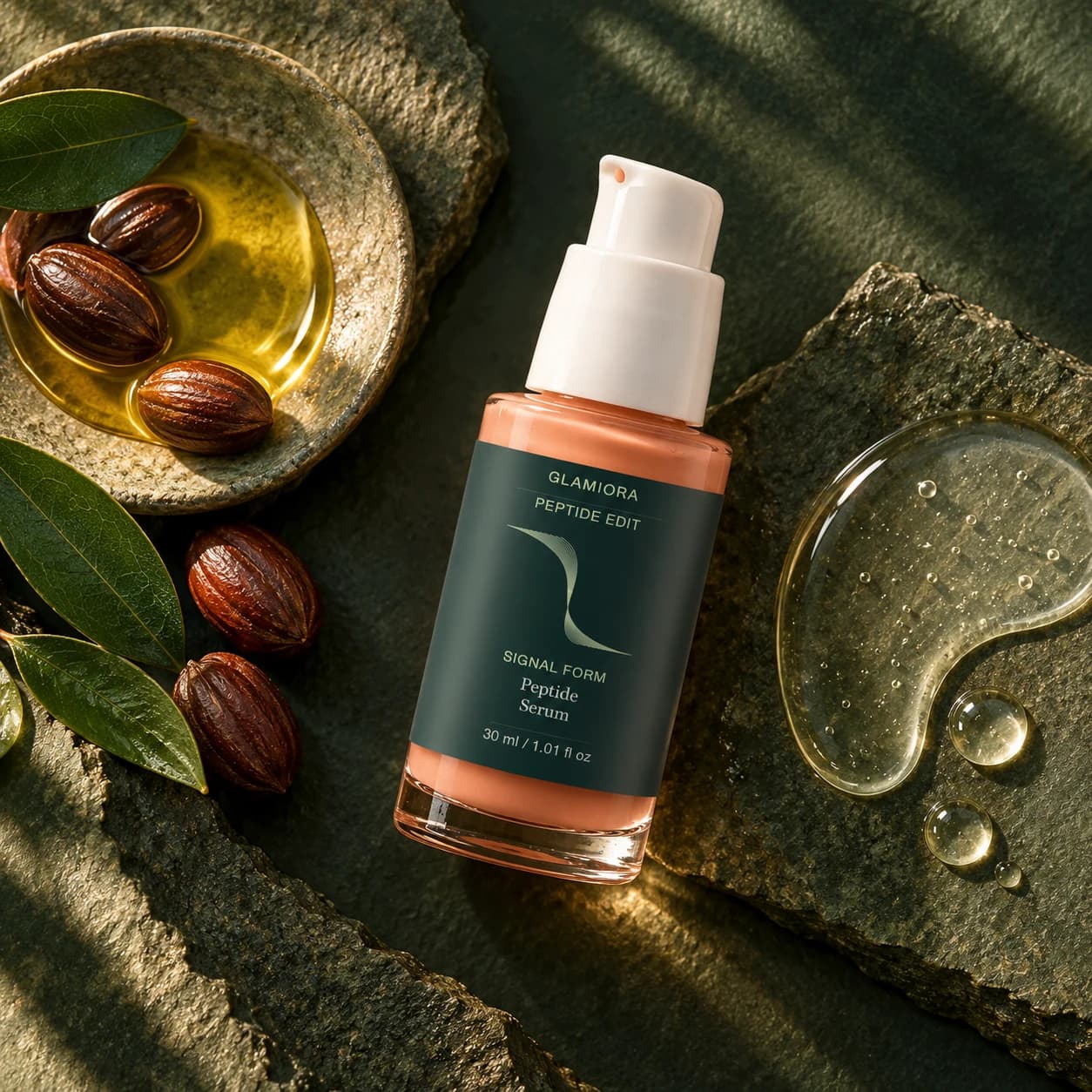 Signal Form — Peptide Serum — AI-assisted editorial scene 2; illustrative ingredient study; styling props not included