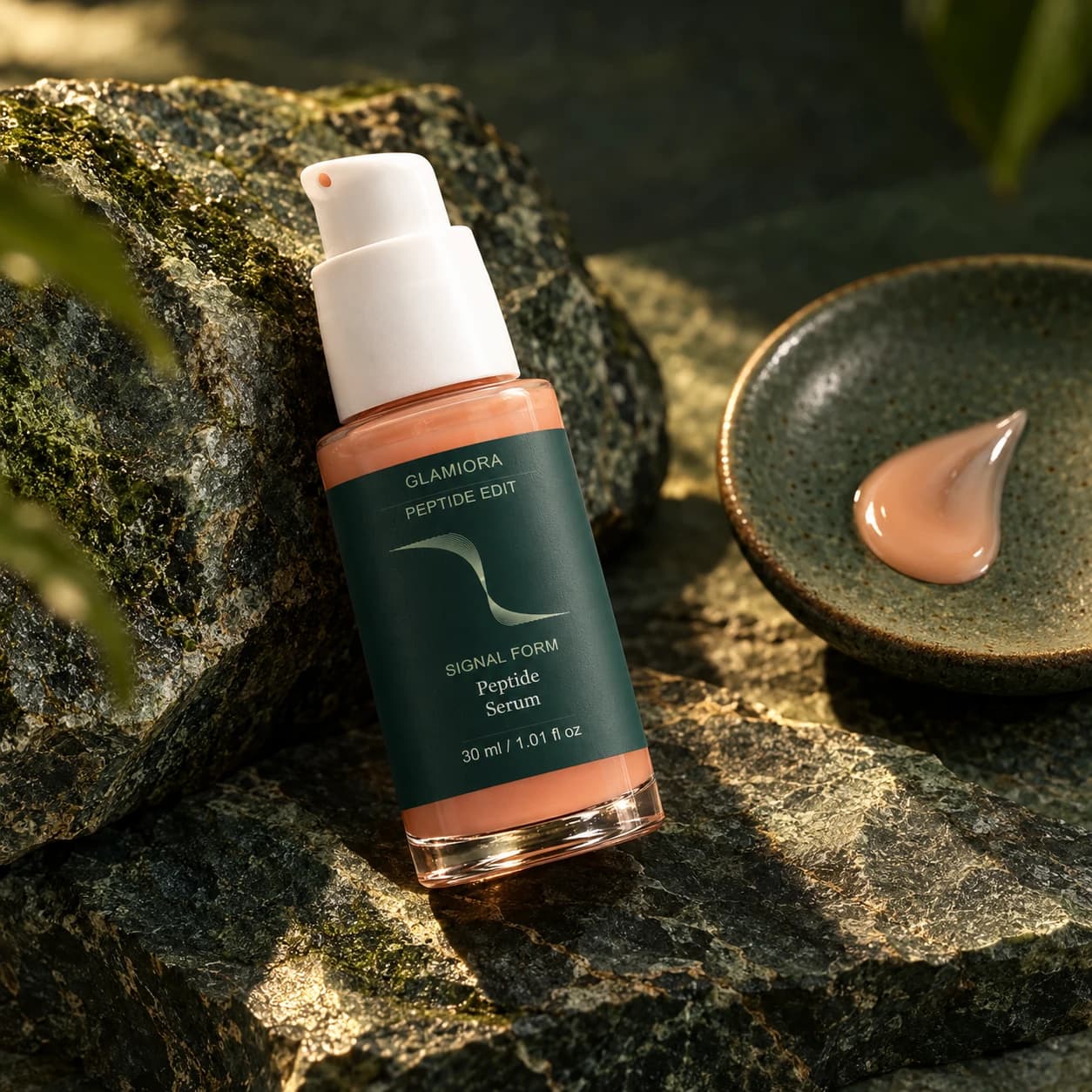 Signal Form — Peptide Serum — AI-assisted editorial scene 3; illustrative cosmetic texture; styling props not included