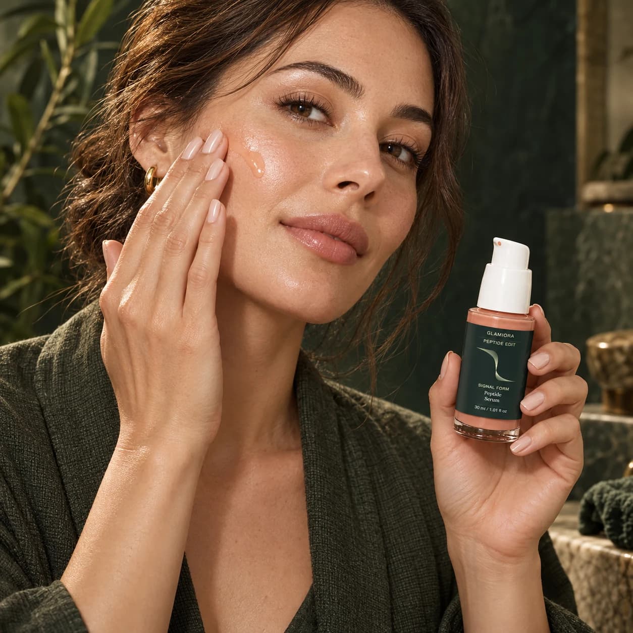 Signal Form — Peptide Serum — AI-assisted editorial scene 4; illustrative adult model application; styling props not included