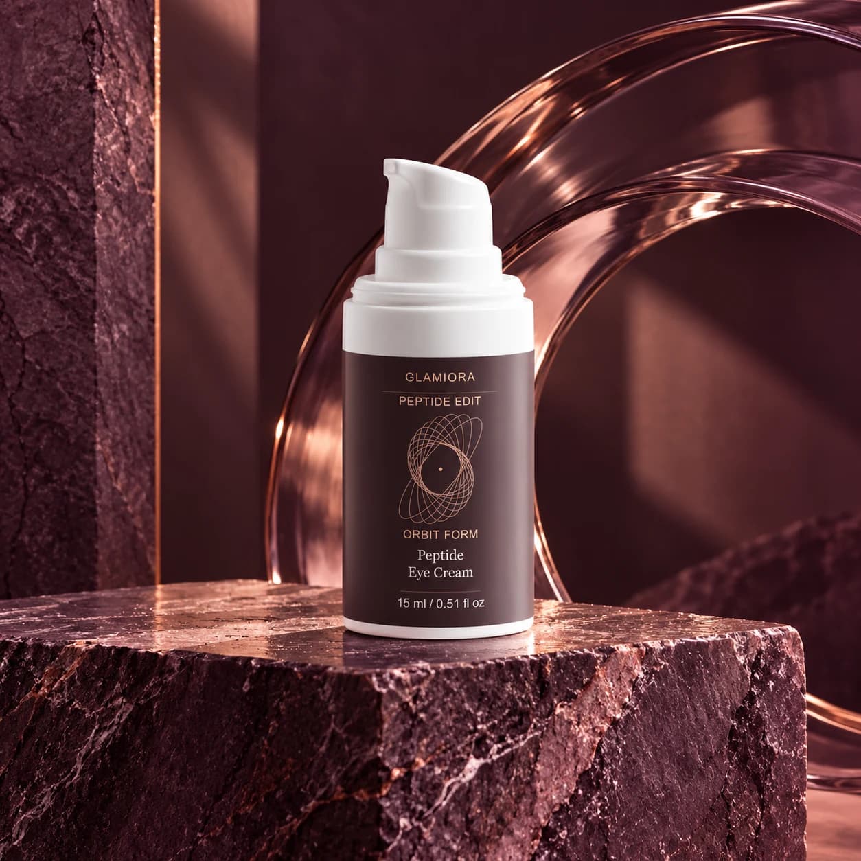 Orbit Form — Peptide Eye Cream — AI-assisted editorial scene 1; illustrative product presentation; styling props not included