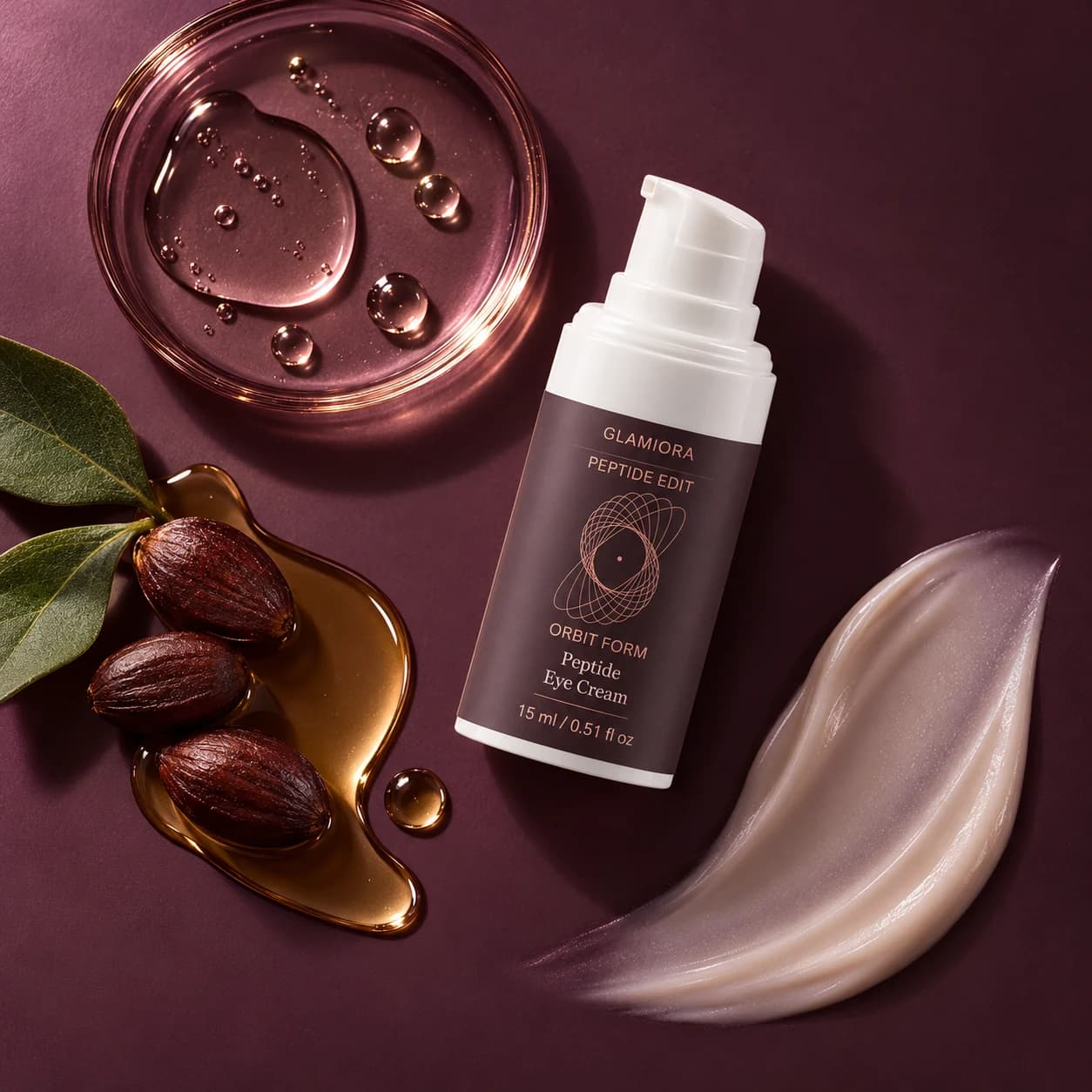 Orbit Form — Peptide Eye Cream — AI-assisted editorial scene 2; illustrative ingredient study; styling props not included
