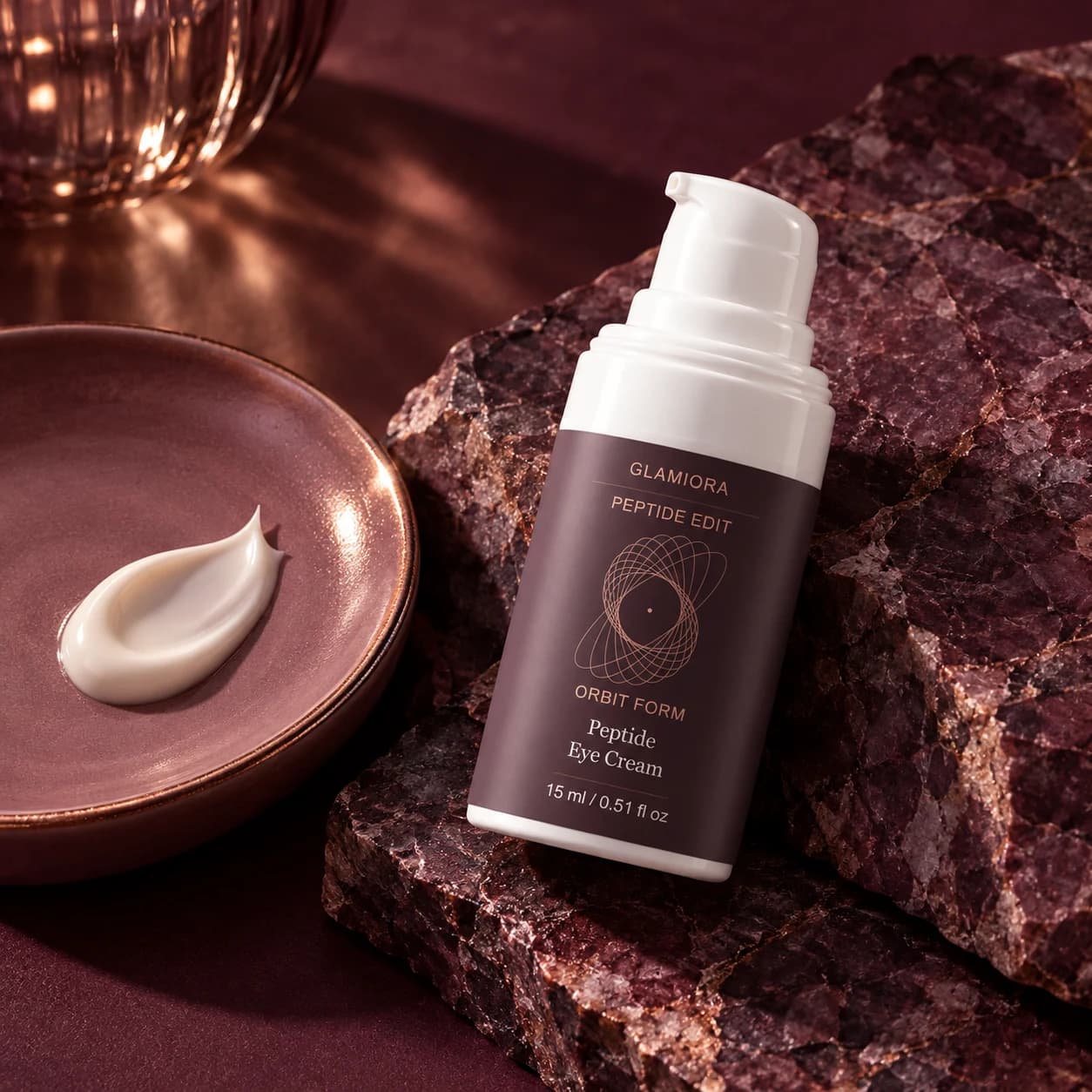 Orbit Form — Peptide Eye Cream — AI-assisted editorial scene 3; illustrative cosmetic texture; styling props not included