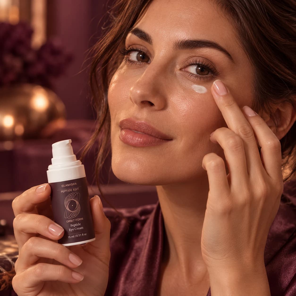 Orbit Form — Peptide Eye Cream — AI-assisted editorial scene 4; illustrative adult model application; styling props not included